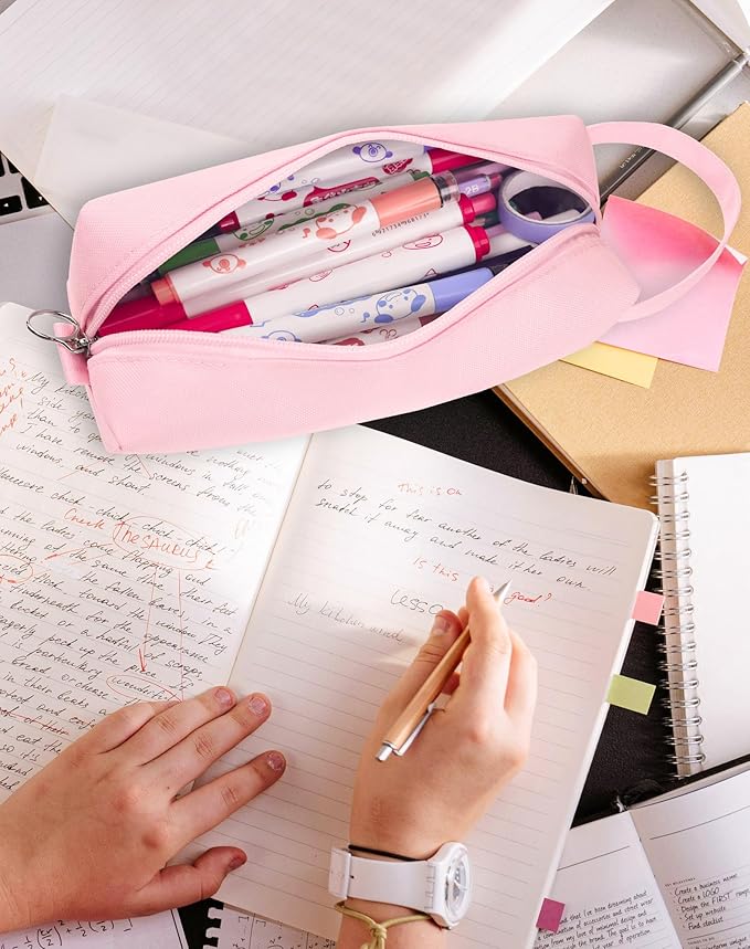 Fmeida Pencil Case Pouch - Water Resistant Pencil Pouch Portable Pencil Bag Simple Office Supplies Stationery Pouch with Handle - Light Pink