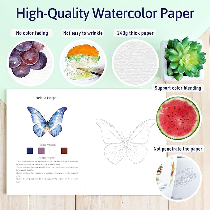 CraftyManor Watercolor Workbook Creative Insect Water color Paint Book Set with Paints & Brush, 12 Patterns of Original DIY Designs, Beginner-Friendly Adult Coloring Books (Butterfly)