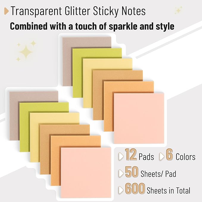 Mr. Pen- Transparent Glitter Sticky Notes, 3”x3”, 12 Pads, 600 Sheets, Glitter Transparent Note Pads, Self-Stick Bible Journaling Sticky Note for Women, Bible Journaling Supplies