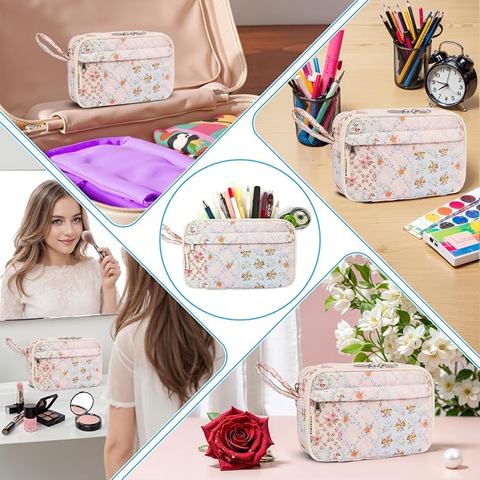 WOBAGMEN Quilted Pencil Pouch for Girls Women, Large Pencil Case Pouch with Compartments Cute Aesthetic Pencil Case Organizer, Floral Pencil Bag for School Supplies (coloful blue)