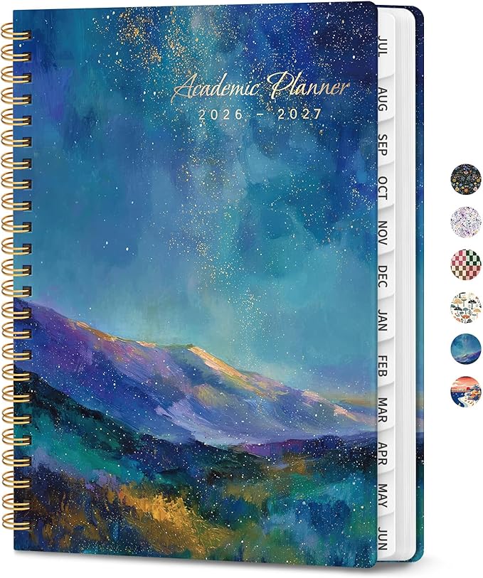 Planner 2026-2027, Academic Planner Weekly and Monthly, Jul 2026 - Jun 2027, Spiral Bound School Planning Tool with Tabs and Pocket, Perfect for Students & Teacher, 8.5" x 11", Starlit Peaks