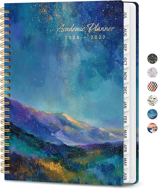 Planner 2026-2027, Academic Planner Weekly and Monthly, Jul 2026 - Jun 2027, Spiral Bound School Planning Tool with Tabs and Pocket, Perfect for Students & Teacher, 8.5" x 11", Starlit Peaks