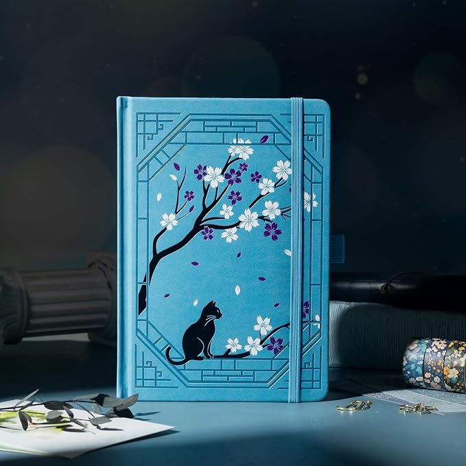 TIEFOSSI A5 Lined Journal, Cute Cat Journal for Women Girls, College Ruled Notebook with Pretty Sakura Pattern, Aesthetic Diary for Writing Journaling Drawing, Golden Edges