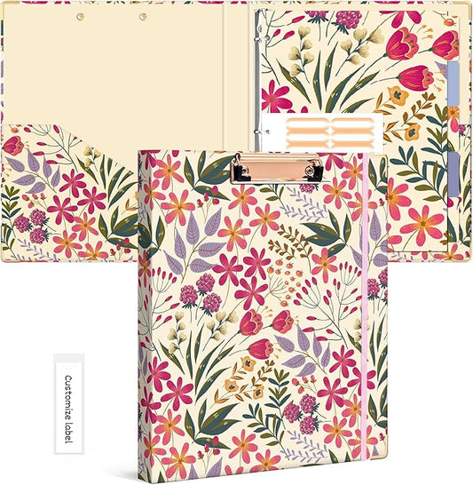 Ospelelf 3 Ring Binder, 1/2 Inch, Cute Floral Binder for Letter Size (11" x 8.5") with 5 Tab Dividers, File Folder Labels and Low Profile Clipboards