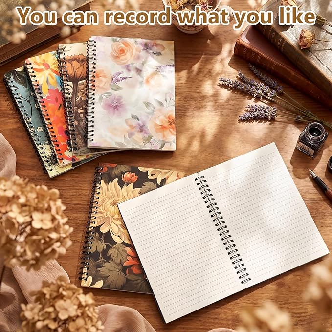 Fuutreo 12 Pcs Spiral Notebook for Work A5 8.3 x 5.7 Inch College Ruled Spiral Journal Notebook Kraft Cover Ruled Paper, 12 Color, 60 Sheets, 120 Pages for Office School (Vintage Flower,Innovative)