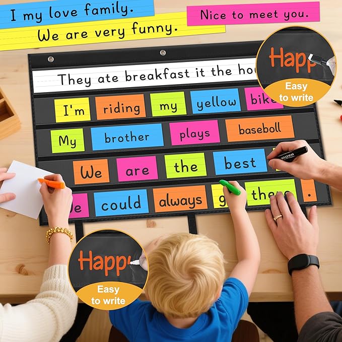 AKAYOK Foldable Bulletin Board Border Organizer with 5 Clear Pockets - Space-Saving Classroom Storage for Teachers, Homeschool & Office Supplies (37" x24" Black)
