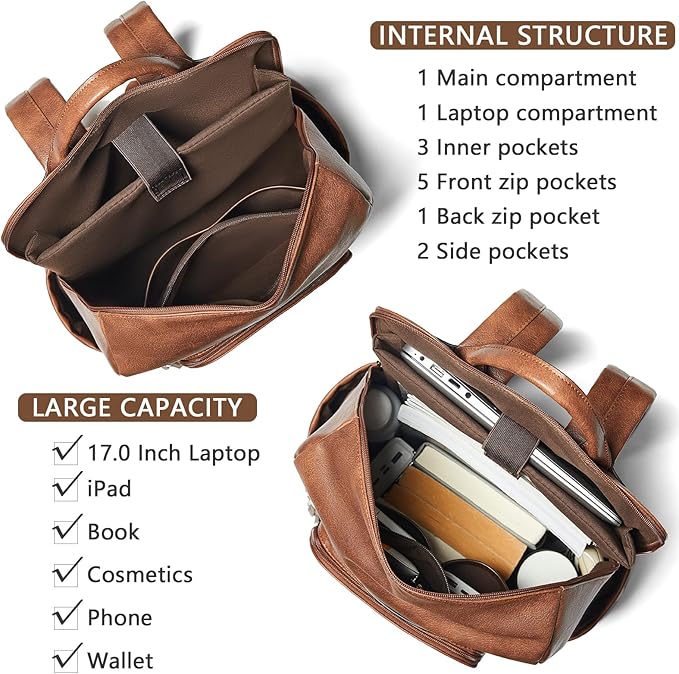 Shrrie Upgraded Large Travel Laptop Backpack with Laptop Compartmetn Fits 17 inch Laptop,Waterproof Vegan Leather Computer Backpack for Women and Men Work Business College