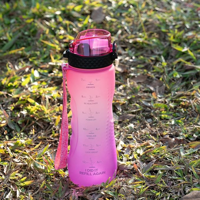24 OZ Motivational Kids Water Bottle With Time Marker,Straw Lid,Leak Proof, Tritan BPA Free Sports Water Bottle Pink Purple(1 Lid)