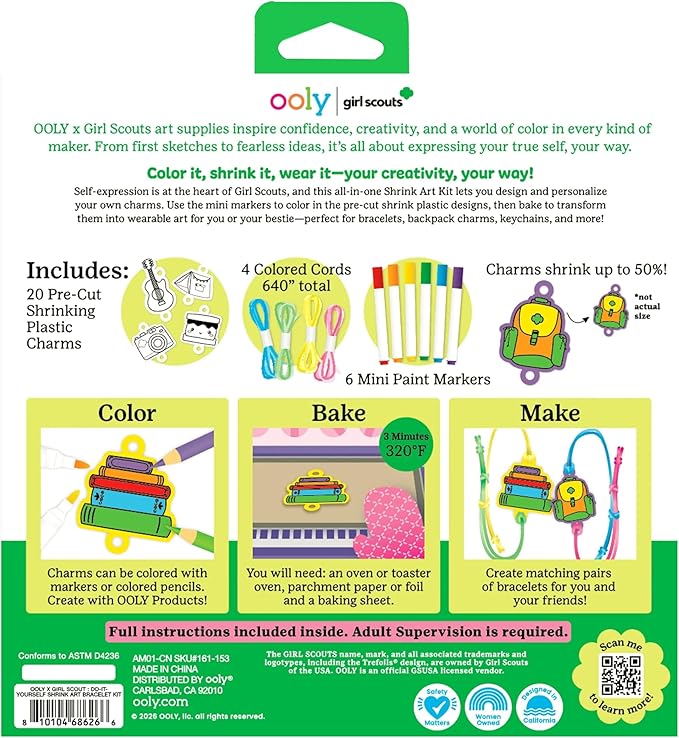 Ooly x Girl Scouts 30 PC DIY Shrinking Art Bracelet Kit for Kids with Markers, 20 Plastic Pre Cut Charms and More, No Mess Creative Activity Jewelry Making Kit