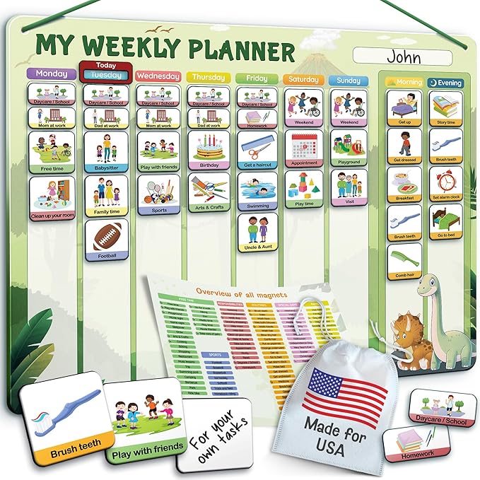 LIKARTO Visual Schedule for Kids - 2-in-1 Weekly + Daily Schedule - Magnetic Schedule with 188 Magnets and Magnetic Backing - Chore Chart Kids - Routine Chart for Toddlers, Autism, ADHD - Green