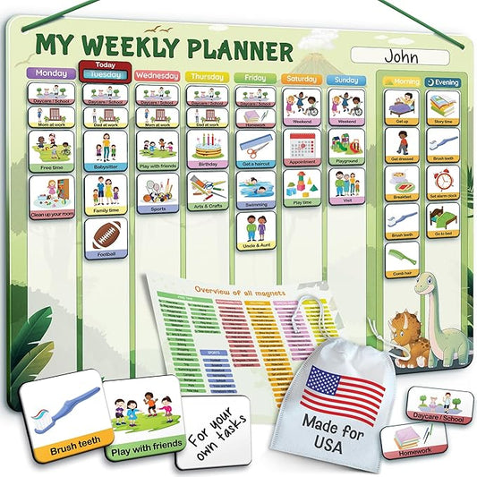 LIKARTO Visual Schedule for Kids - 2-in-1 Weekly + Daily Schedule - Magnetic Schedule with 188 Magnets and Magnetic Backing - Chore Chart Kids - Routine Chart for Toddlers, Autism, ADHD - Green