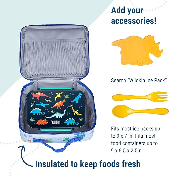 Wildkin Kids Insulated Lunch Box, Keeps Food Hot or Cold, BPA-Free with Mesh Pockets & Easy-Clean Lining – Ideal for School, Travel & Daycare – Dinosaur Land