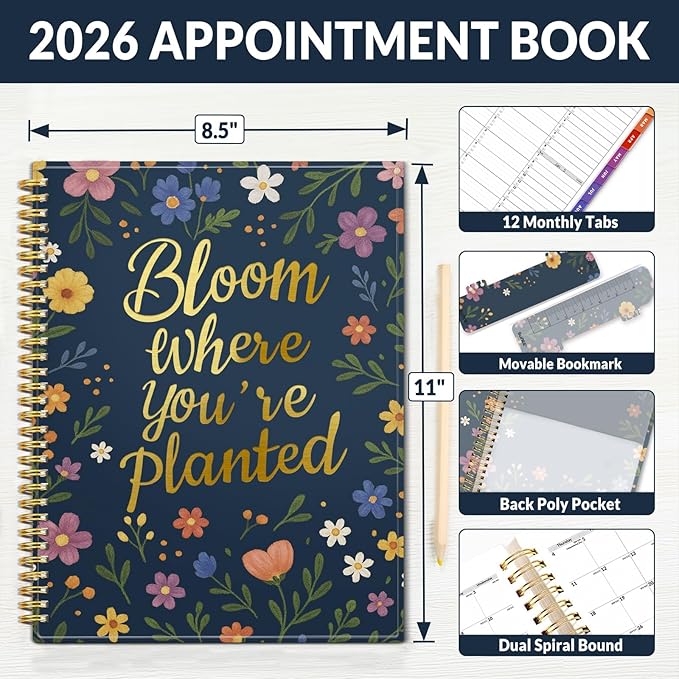 SUNEE 2026 Appointment Book, Quarter-Hourly, Weekly & Monthly - from January 2026 - December 2026, 8.5"x11" Weekly Planner, Flexible Cover, Note Pages, Pockets, Bookmark, Spiral Binding,