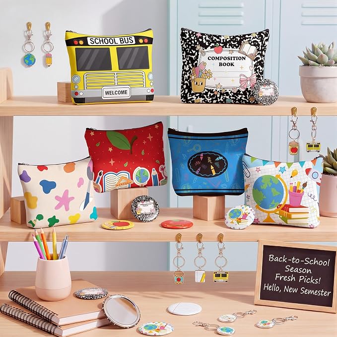 Reginary 12 Pcs Back to School Gifts Makeup Bags, School Bus & Pencil Print Bulk Cosmetic Pouches, Teacher Appreciation Zipper Pouch for Women, Classroom & Travel Supplies