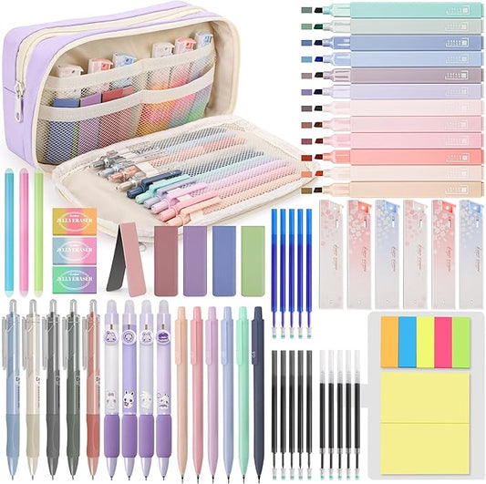 DazSpirit 61 PCS Aesthetic School Supplies with Cute Pen Case, Pastel No Bleed Highlighters, Gel & Erasable Pens, Mechanical Pencils, Refills, Complete Essentials Stationery Kit for Students (Purple)