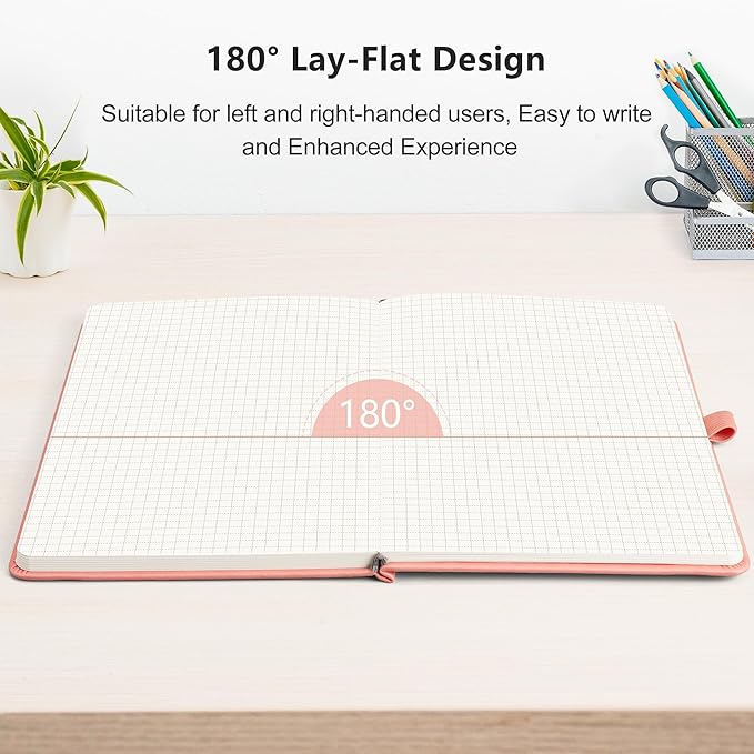 RETTACY Graph Grid Paper Notebook, 2-Pack, 192 Pages per Pack, A5 Medium Size (5.7'' x 8.3''), Leather Hardcover, 100 GSM Thick Paper, for School, Students, Math, Engineering (Black & Pink)