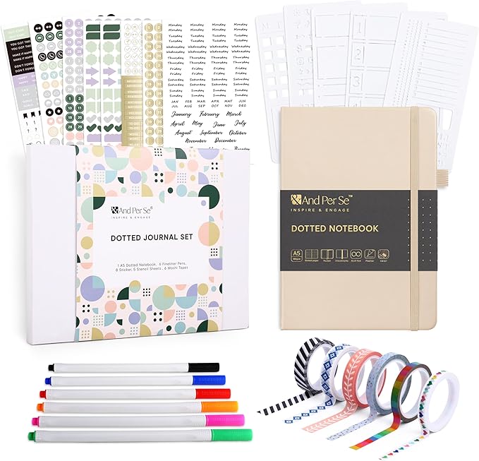 &And Per Se Dotted Journal Supplies – Journal Kit with Dotted Notebook, Stencils, Stickers, Washi Tapes & Colored Pens for Beginners (Light Apricot)