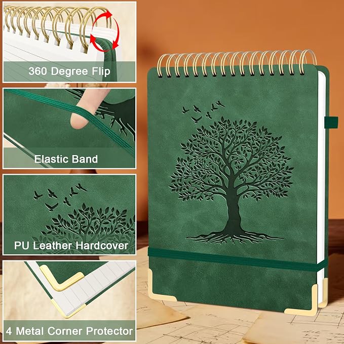 Mousbull A4 Top Spiral Notebook, Tree Pattern Large Leather Hardcover Left Handed Journal, 240 Pages 100 Gsm Lined Paper Top Bound Steno Pads for Work, School, Travel Writing - Green, 8.5" x 11"