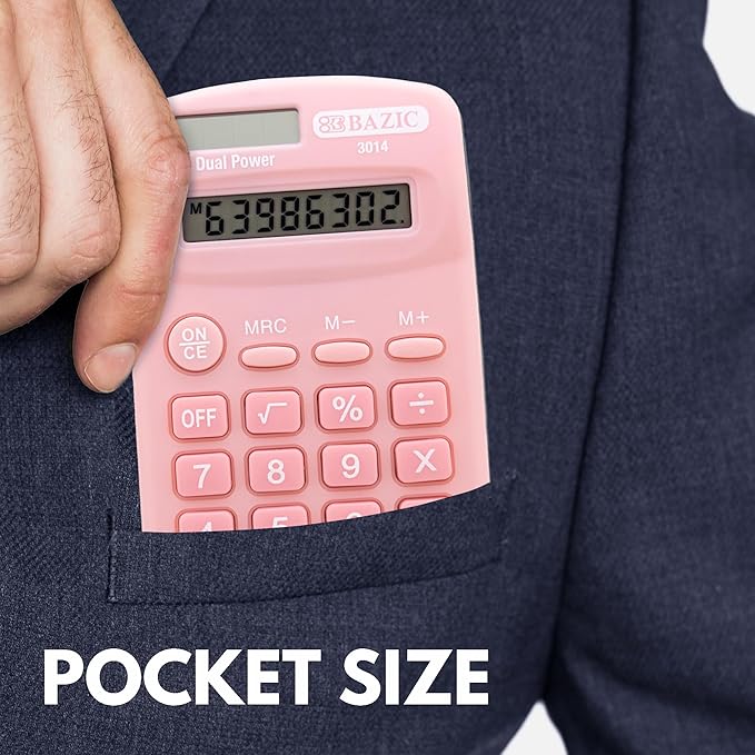 BAZIC Products 8 Digit Pocket Size Calculator, Dual Power Solar & Battery, LCD Display, Small Basic Standard Function Calculators, Assorted Pastel Colors, 144-Pack