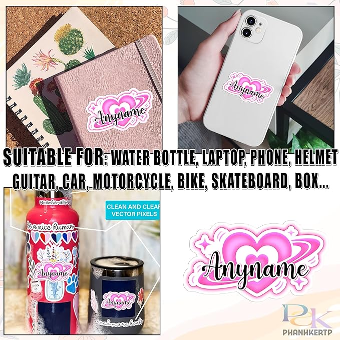 Custom Girly Heart Name Sticker Personalized Text Feminine Feminist Aesthetic Decal Waterproof Vinyl Decal for Water Bottles Tumblers Laptops Hard Hat Cars Kindle for Women Men Teachers