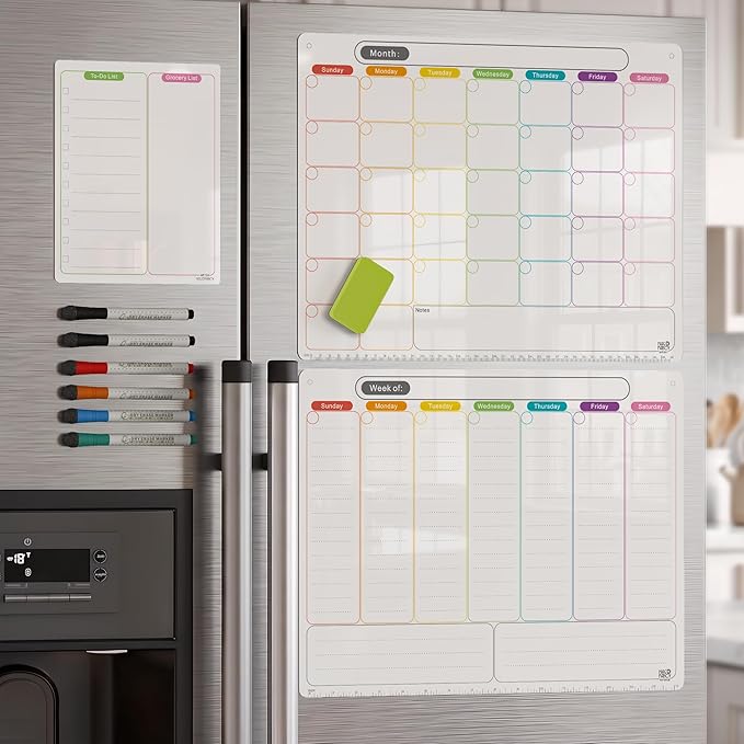 Magnetic Dry Erase Calendar Set for Fridge, Monthly Calendar and Weekly Planner Board with to Do List Notepad, Reusable Refrigerator Organizer with 6 Fine Tip Markers and Eraser