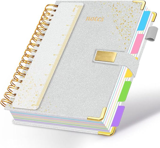 Spiral Notebook Journal 8.5''x 11'' 5 Subject Notebook with Dividers, 300 Pages Notebook College Ruled with Magnetic Closure, A4 Tabbed Notebooks for Work School, Sparkle Journal for Women (Silver)
