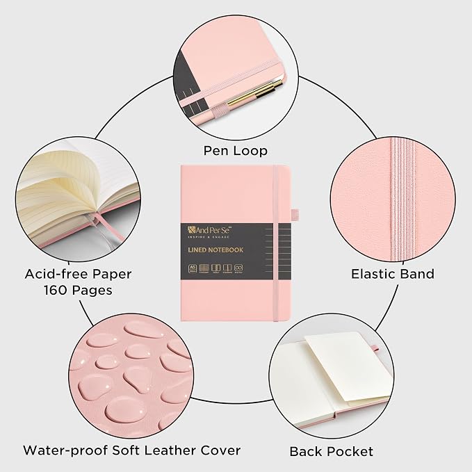 &And Per Se Lined Journal and Pen Set (3 Packs), A5 Leather Hardcover Notebook with Pen & Stationary Set, 160 Pages 100GSM Thick Ruled Paper Journal for Business Work Writing (Pink-Purple-Cyan)