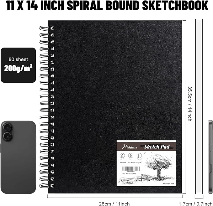 KAKKUE 11" x 14" Hardcover Sketchbook, 200gsm/80 Sheets Professional Thick Drawing Paper, Spiral Bound Pad, Acid-Free Perforated for Mixed Media, Sketching & Illustration, for Artists & Kids