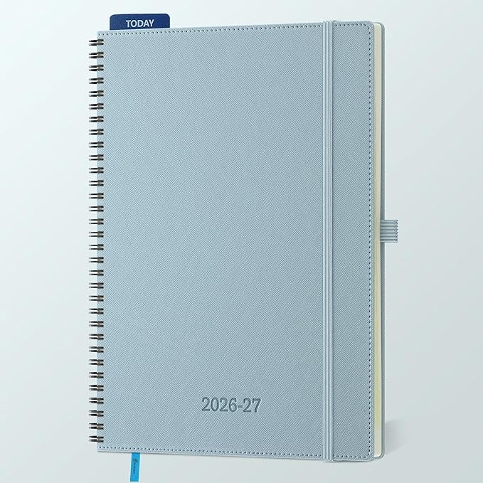 Planner 2026-2027 Daily Weekly and Monthly,11.5"x8.5",18 Months Spiral Bound Calendar Agenda with Self-adhesive Pen Holder,2026 Academic Plan with Vegan Leather Soft Cover,Dusty Blue
