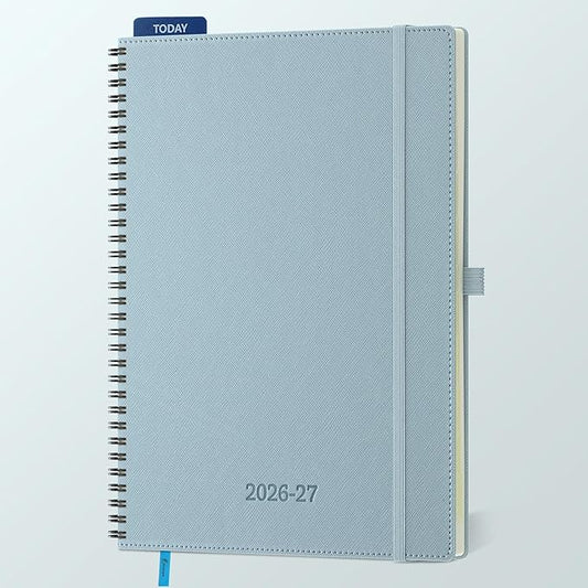 Planner 2026-2027 Daily Weekly and Monthly,11.5"x8.5",18 Months Spiral Bound Calendar Agenda with Self-adhesive Pen Holder,2026 Academic Plan with Vegan Leather Soft Cover,Dusty Blue