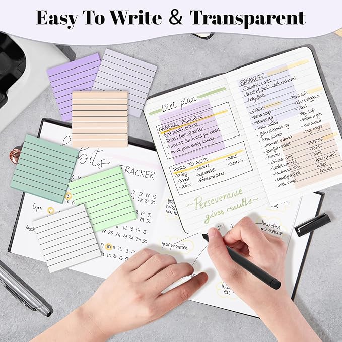 3x3 Inch Transparent Sticky Notes 300 Sheets, Clear Translucent Lined Self-Adhesive Memo See Through Reminder Pad for Office School Students Planners Journals Bible Supplies (Dark Morandi)