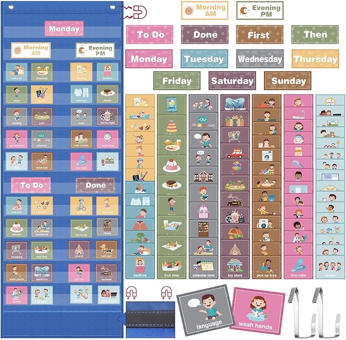 Fulmoon Visual Schedule for Kid Large Chore Magnetic Pocket Chart Morning Bedtime Routine Chart for Toddlers Daily Schedule Board with 109 Cards for Home School Planner Autism Learning Material