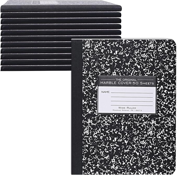 ROARING SPRING Hard Cover Composition Notebook, 12 Pack, Black Marble Comp Book, 9.75″ x 7.5″, Wide-Ruled with Margin, 50 Sheets (100 Pages), Made in USA