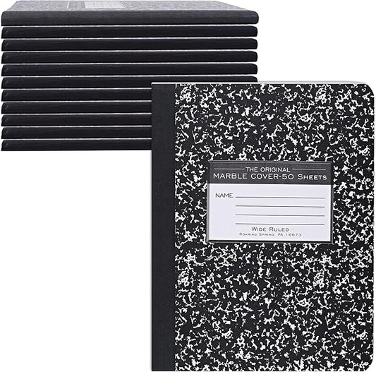 ROARING SPRING Hard Cover Composition Notebook, 12 Pack, Black Marble Comp Book, 9.75″ x 7.5″, Wide-Ruled with Margin, 50 Sheets (100 Pages), Made in USA