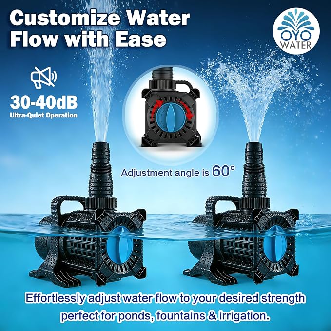 Pond Pump, 2400 GPH Adjustable Flow Submersible Water Pump with Filter Bag, UL Listed Copper Motor, IPX8 Waterproof 20.3ft Cord for Koi Pond, Fountain, Waterfall, Hydroponics, Irrigation