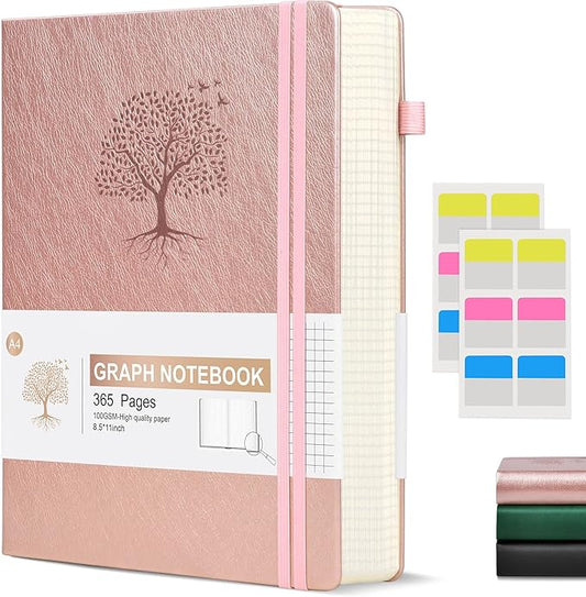 Ansopu Graph Paper Notebook Journal, 360 Numbered Pages Grid Notebooks 8.5 x 11, Thick 100gsm Paper Graphing Journals for Women Men, A4 Large Hardcover Graph Leather Journals for Writing Pink
