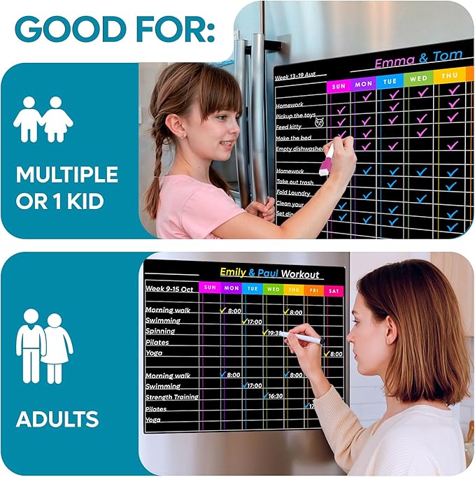 Magnetic Chore Chart Dry Erase Blackboard Set - Pocket Charts - Chores Chart for Multiple Kids, Teens & Adults (11.5"x 15"), Daily Meal Plann (7"x 9") - Family Schedule Planners & 6 Fine Tip Markers