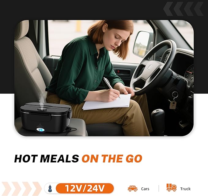 Heated Lunch Box,120W Electric Lunch Box for Adults with 1.5L 304 Stainless Steel Container, 12V/24V/110V Lonchera Eléctrica Portátil for Travel,Work,Car,Truck (Pure Black, 1.5L x 3)