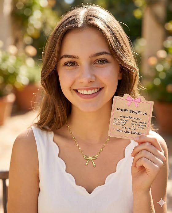 Gold Bow Necklace with Card, Graduation/16th/Back to Shool Gifts for Girl - You Are Enough and Loved