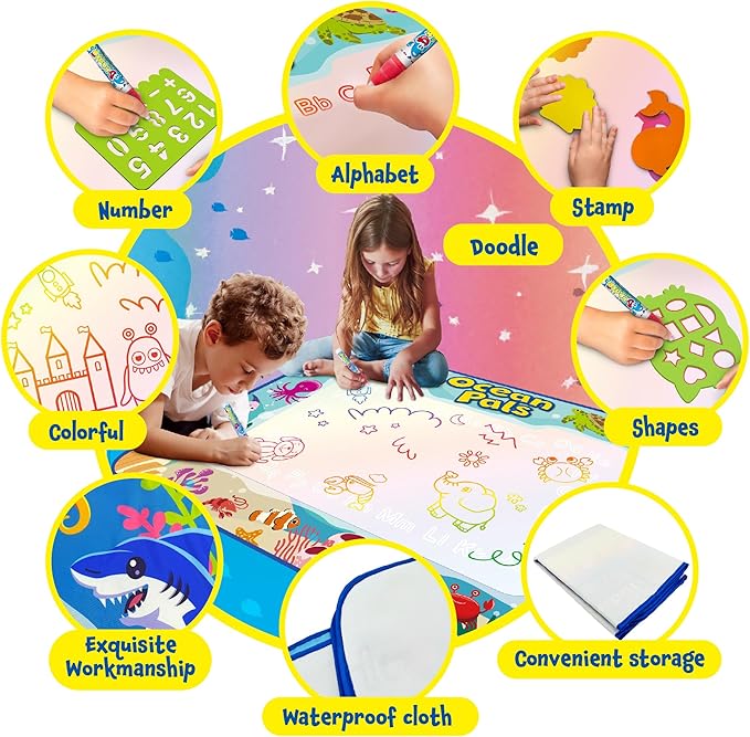 ANIMOLDS Water Doodle Mat 40″ × 32″ – Aqua Magic Drawing Board for Toddlers & Kids | Alphabet Safari Theme Educational Art Play Mat | Reusable, Mess-Free Water Painting Toy