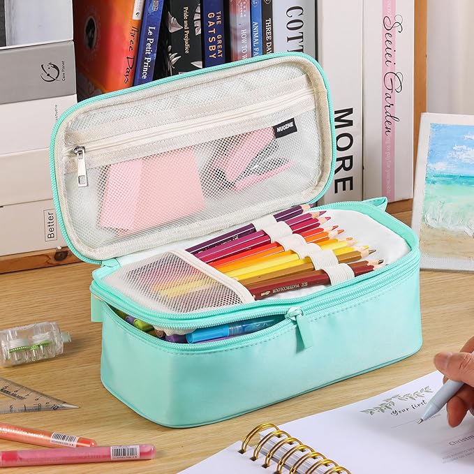 Large Pencil Case,Big Capacity Pencil Pouch,Personalized Initial Pencil Bag with smooth zipper,Multiple Pockets,Cute Aesthetic Stationery Pen Case Bag for Teen Girls College (Mint Green, B)