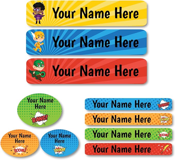 Lovable Labels Personalized Labels for Kids (85 Labels/Pack) - 3 Label Sizes Waterproof Dishwasher Safe Peel & Stick Labels for School Supplies Daycare Camp Clothing Bottles (Little Heros)