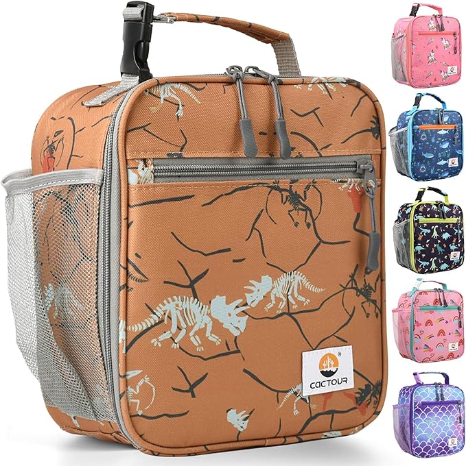 CaCTOUR Lunch Box Kids,Premium Insulated Lunch Bag for Girls Boys,Soft Bag Mini Cooler Back to School Thermal Reusable Lunch Bag for Work School Picnic （Brown Dino