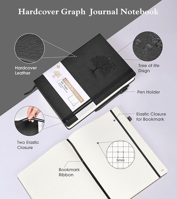 Ansopu Graph Paper Notebook Journal, 360 Numbered Pages Grid Notebooks 8.5 x 11, Thick 100gsm Paper Graphing Journals for Women Men, A4 Large Hardcover Graph Leather Journals for Writing Black