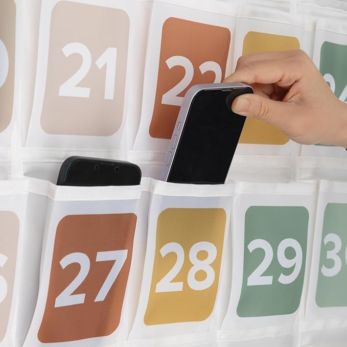 Premium Cell Phone Holder for Classroom - Durable Pocket Chart with 36 Numbered Slots & Hooks - The Perfect Hanging Chart for Phones, Calculators and Headphones Fits Nicely with Any School Decor
