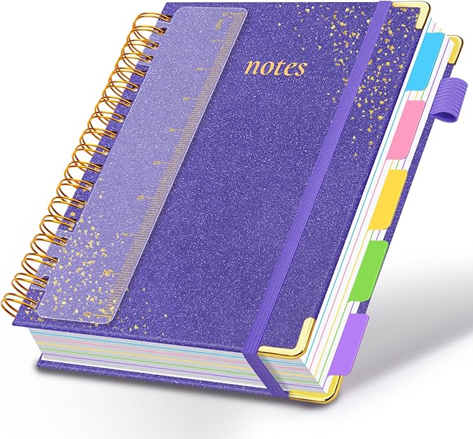 Hardcover Spiral Notebook with Removable Dividers & Tabs, 8"x10" 5 Subject Notebooks for Work, 300 Pages College Ruled Notebook, B5 Sparkle Lined Journal for Women Girls Note-Taking (Silver)