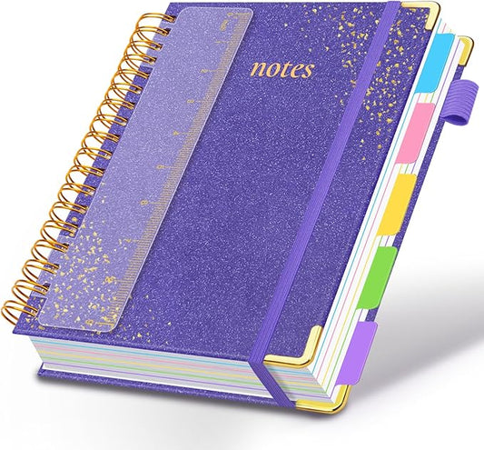 Hardcover Spiral Notebook with Removable Dividers & Tabs, 8"x10" 5 Subject Notebooks for Work, 300 Pages College Ruled Notebook, B5 Sparkle Lined Journal for Women Girls Note-Taking (Silver)