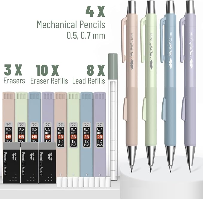 Mr. Pen- Pastel Mechanical Pencil Set with Lead Refills & Erasers, 4 Pack | 2 Sizes, 0.5 & 0.7mm, Fast Click, 6x Tubes HB & 2B Lead Refill, 3x Eraser for School Supplies, Drafting, Drawing & Sketching