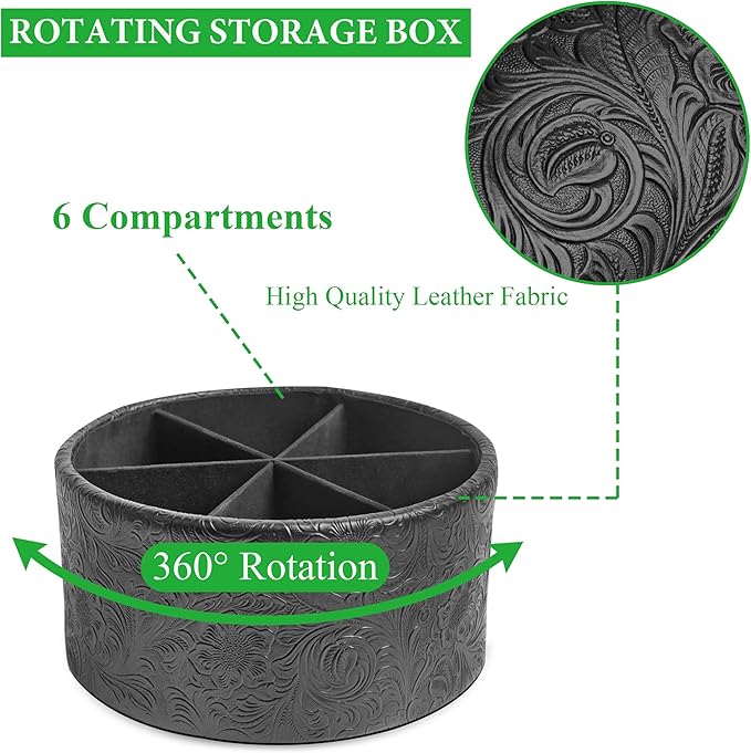 Remote Control Holder, 360°Spinning PU Leather Desk TV Remote Caddy,Desk Storage Box Room Accessories for Controller, Media,Mail,Calculator, Mobile Phone,Pencil(1-Carved Black)
