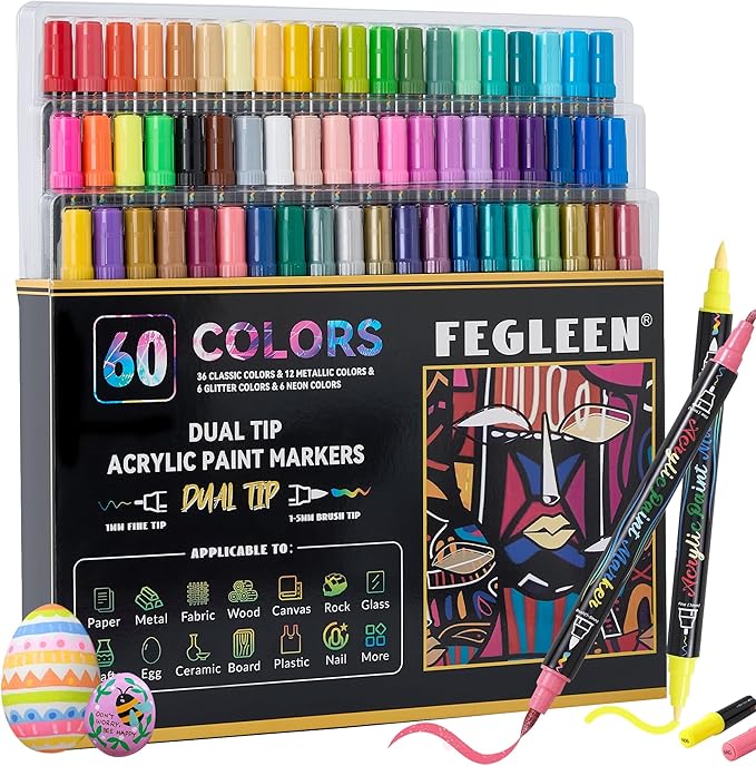 60 Colors Acrylic Paint Markers,Dual Tip Acrylic paint Pens Contain 12 Metallic Colors 6 Glitter and 6 Neon Markers for Rock Painting,Egg,Wood,Glass,Canvas,Ceramic,Crafts,Art Supplies